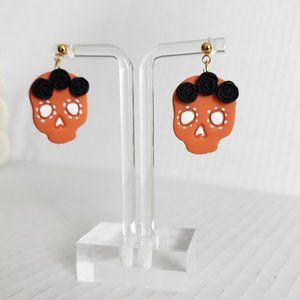 Orange Sugar Skulls Black roses polymer clay earrings dia de los muertos 1.25"